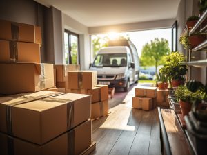 Varias cajas de mudanza apiladas en el interior de una habitación o pasillo, con una furgoneta blanca visible a través de la puerta abierta al fondo, lista para la carga.