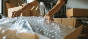 Persona envolviendo en papel de burbujas pertenencias para una mudanza