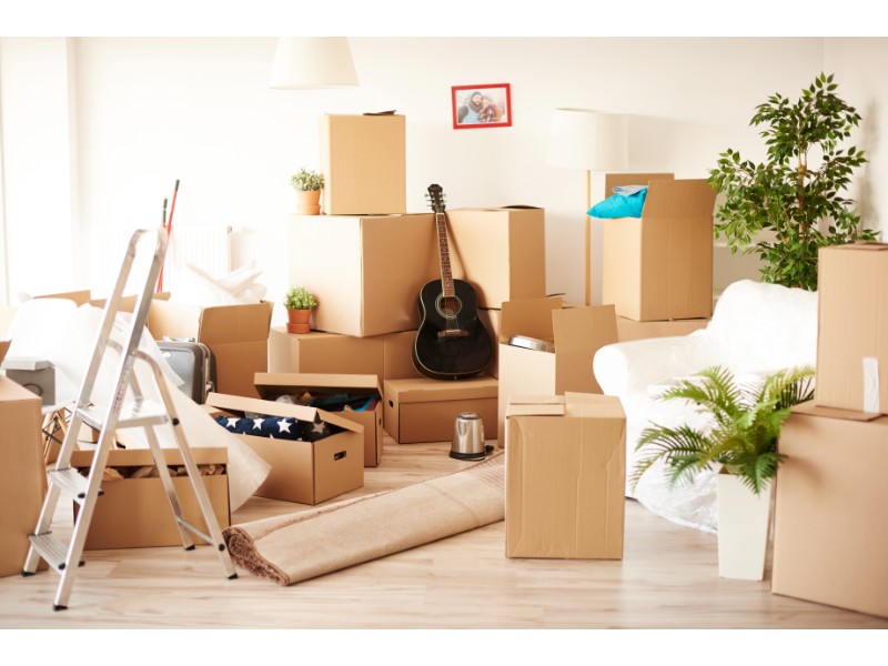 Una habitación llena de numerosas cajas de mudanza de cartón, una alfombra enrollada, una escalera y una guitarra negra apoyada en una pila de cajas, lo que indica una mudanza.