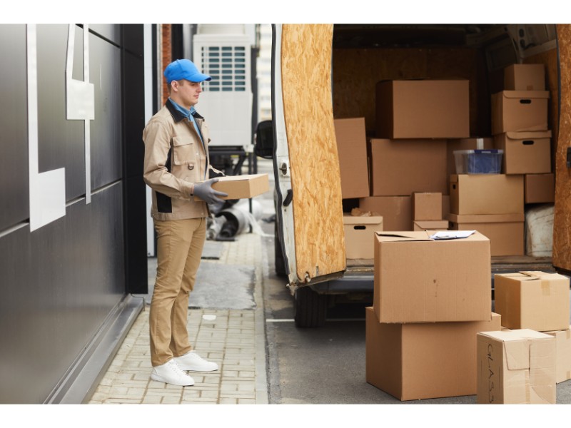 Hombre vestido con uniforme de trabajo y gorra azul, sosteniendo una caja mientras se encuentra junto a una furgoneta de mudanza. La furgoneta está llena de cajas de cartón, algunas etiquetadas, y el entorno muestra una calle pavimentada