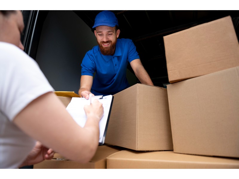 La imagen muestra a un hombre con barba y un sombrero azul, que está sonriendo mientras sostiene un listado o una hoja con la mano derecha. Está parado junto a una pila de cajas de mudanza. Una persona, probablemente el cliente, le está entregando el formulario, que parece ser parte de la documentación o procedimiento para la mudanza.